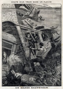 De New York Buffalo-trein valt in een rivier in de Verenigde Staten: een man probeert passagiers te redden die dreigen te verdrinken. In Le Peute Parisien op 7/11/1897