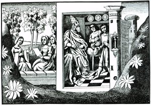 De oude man van de berg geeft bevelen aan zijn volgelingen, uit De reizen van Marco Polo, gekopieerd door Albert Coinchon van het originele manuscript