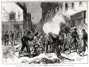 De Parijse Commune: Een barricade bij Issy, 2 mei 1871 (gravure) door French School