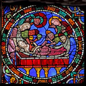 Het Passie raam: Zalving van het lichaam van Christus