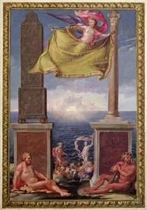 De Zuilen van Hercules, frontispice van een verzameling kaarten van Catalonië en de Balearen door Pene, 1680 door French School