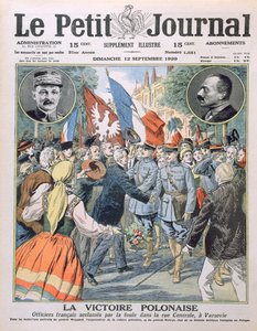 De Poolse Overwinning, Franse officieren worden toegejuicht door de menigte in de Centrale Straat in Warschau, omslagillustratie van Le Petit Journal, 12 september 1920 door French School