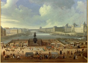 De Pont Neuf gezien vanaf de ingang van Place Dauphine, de Quai Malaquais, het College van Vier Naties, de grote galerij en het Louvre door French School