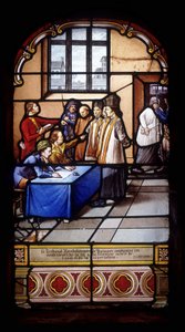 Het Revolutionaire Hof van Quimper veroordeelt deze geloofsbelijders tot detentie gevolgd door ballingschap en deportatie (1793-95) - glas-in-loodramen van de St Germain Kerk in Kerlaz