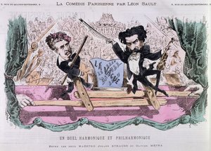 De Rivaliserende Componisten van Walsen, Johann Strauss de Jongere en Olivier Metra, ca. 1870 door French School