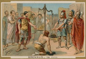 De Romeinen proberen hun redding te kopen van de Gallische leider Brennus, 4e eeuw v.Chr. door French School
