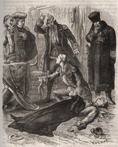 De Russische keizer Peter III (1728-1762), toegewezen aan een residentie, werd vermoord in opdracht van zijn vrouw Catharina II, die hem net had afgezet en de macht had overgenomen, door Alexei Orlov (1737-1808) en zijn bewakers op 17 juli 1762. Gravure ui