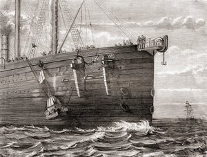 De S.S. Great Eastern lanceert een boei in zee om de plek van een verloren trans-Atlantische telegraafkabel te markeren
