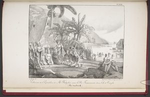 De Sandwich-eilanden, ontmoeting van de expeditie van de heer Koebruë met koning Tamméaméa op het eiland Ovayhi, uit 