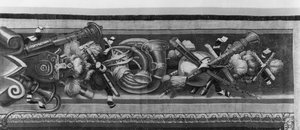 De Seizoenen wandtapijt, rand, muziekinstrumenten, c.1670, Gobelins Fabriek (detail) door French School