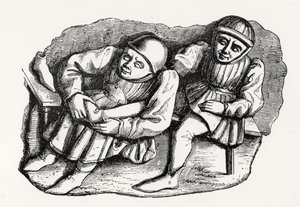De schoenmaker en zijn klant, gekopieerd van een van de Misericordia-stoelen in het koor van de kathedraal van Rouen, illustratie uit Wetenschap en Literatuur in de Middeleeuwen en de Renaissance door French School