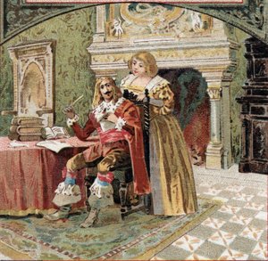 De heer van Beringhen en Madame du Fargis samenzweren tegen Richelieu (Armand Jean du Plessis, kardinaal van Richelieu (1585-1642), minister van Lodewijk XIII, in het kasteel van Azay-le-Rideau (Azay le Rideau) (Indre-et-Loire). Chromolithografie uit het e