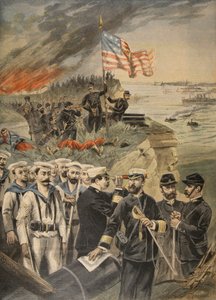 De Spaans-Amerikaanse Oorlog: landing bij Guantanamo, illustratie uit Le Petit Journal: Supplement illustre, 1898 door French School