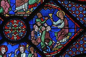 Het St. Jacobus raam: hij preekt in de synagoge door French School