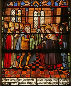 Het Sint Louis raam: De keizer biedt relikwieën van de Passie-instrumenten aan door French School