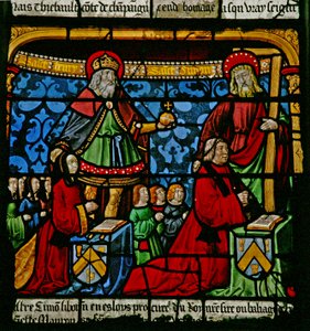 Het Sint Louis raam: De schenkers Henriette de Mauroy & Simon Liboron zijn te zien met hun patroonheiligen Sint Hendrik en Simon van Cyrene