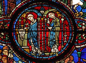 Het raam van Sint-Lubin: Communie: wijn - bij de Eucharistie door French School