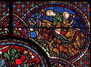Het raam van Sint-Lubin: studeert terwijl zijn metgezel drinkt terwijl ze de schapen bewaken