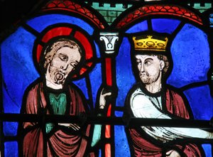 Het St. Thomas-raam: hij wordt door de koning goud getoond door French School