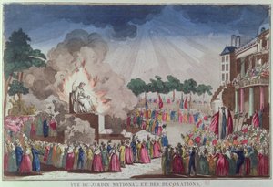 Het Beeld van Atheïsme wordt vernietigd en vervangen door het Beeld van Wijsheid op het Festival van het Opperwezen, Jardin National des Decorations, Parijs, 8 juli 1794