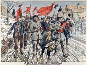 De staking van mijnwerkers in Pas-de-Calais, de processie van de stakers in het mijnwerkersdorp, uit Le Petit Journal, 1 april 1906 door French School