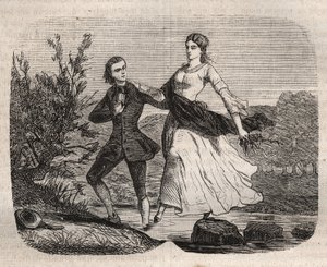 De Zwitserse filosoof Jean Jacques (Jean-Jacques) Rousseau (1712-1778) hielp Mademoiselle Galley een beek oversteken. Gravure uit 1871 in 