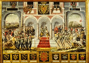Het Verdrag van Cateau-Cambrésis en de Omhelzing van Hendrik II van Frankrijk en Filips II van Spanje, 2-3 april 1559 door French School