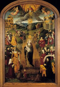 De Maagd met Tarwe Koning Lodewijk XII (1462-1515) en Paus Alexander VI (1431-1503) zijn aanwezig. Almachtige God houdt de wereldbol en zegent de scène terwijl de Heilige Geest de Maagd en het Kind beschermt