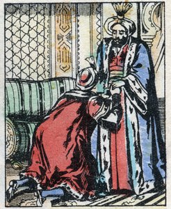 De zoon van de vizier weigert te trouwen met de dochter van de sultan. Gravure van het verhaal Duizend-en-een-nacht 