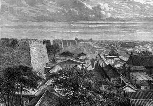 De muren van Peking, China. Gravure in 