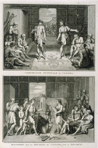 De Huwelijksceremonie en de Manier van Scheiden in Canada, illustratie uit Religieuze Ceremoniën en Gebruiken, gegraveerd door Bernard Picart (1673-1733) 1723 door French School