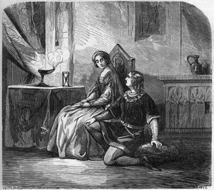 De Witte Koningin van Castilië (1188-1252) en de dichter en koning van Navarra Thibault IV van Champagne (1201-1253) (ook bekend als Thibault I van Navarra). Gravure in 