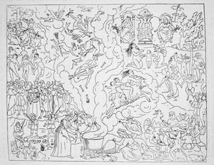 De Heksensabbat, kopie van een illustratie uit Tableau de linconstance des mauvais anges door Pierre de Lancre, Parijs 1612, gebruikt in Geschiedenis van de Magie, gepubliceerd eind 19e eeuw door French School