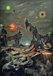 De Wereld van Vier Manen en Vier Zonnen, illustratie uit LAstronomie Populaire geschreven door Camille Flammarion (1842-1925) 1881 door French School