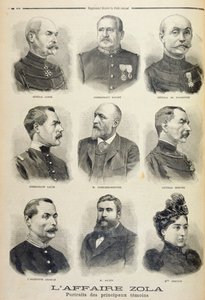 De Zola-affaire: portretten van de belangrijkste getuigen, illustratie uit de geïllustreerde bijlage van Le Petit Journal, 27 februari 1898 door French School