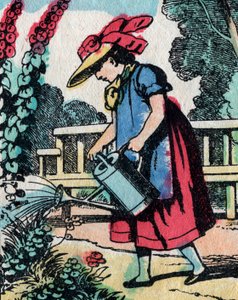 De activiteiten voor meisjes uit goede families: tuinieren leren - Epinal afbeelding - 19e eeuw (gravure)