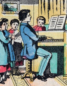 De activiteiten voor meisjes uit goede families: muziek leren - Epinal afbeelding - 19e eeuw (gravure)