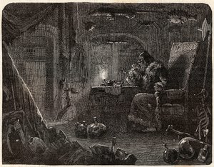De alchemist, die beloofde goud te maken, werkt in zijn laboratorium: de Alchemist in de 17e eeuw - in "Parijs door de eeuwen heen" door Nicolas Jules Henri Gourdon de Kennouillac (1826-1898). door French School
