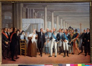 De anatoom en chirurg Baron Guillaume Dupuytren in het Hôtel-Dieu toont een geopereerd oog aan koning Karel X. Schilderij, Franse school. 19e eeuw. Parijs, Carnavalet Museum door French School