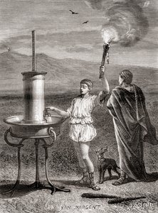Het oude Griekse hydraulische semafoorsysteem gebruikt door Aeneas om een bericht te sturen, 4e eeuw v.Chr., uit Les Merveilles de la Science, gepubliceerd ca. 1870 door French School