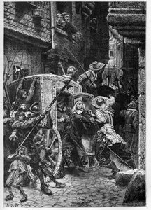De arrestatie van Pierre Broussel (1575-1654) in 1648, onder het bevel van Anne van Oostenrijk (1601-1666), wat de opstand van het volk veroorzaakte (dagen van de barricades) en de Fronde - Arrestatie van Pierre de Broussel, raadslid in het Parlement van P door French School
