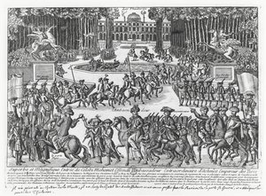 De aankomst van Mehmed Celebi Efendi, ambassadeur van Sultan Ahmed III van Turkije, bij de Tuilerieën om ontvangen te worden door Lodewijk XV in 1721 (gravure)