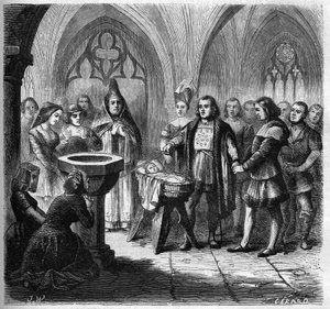 De doop van John (Jehan) Ango (1488-1551), toekomstige navigator, in de kerk van Saint Remi in Dieppe. Gravure uit 1865-1866. door French School