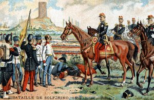 De slag bij Solferino (Italië) tussen de Frans-Sardijnse (overwinnaars) en Oostenrijkse (verslagen) legers in 1859. Chromolithografie uit de 19e eeuw. door French School