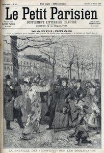De confettislag op de Parijse boulevard tijdens Mardi Gras. Gravure in "Le petit Parisien"