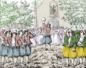 Het begin van een spel soule (voetbal) in Bretagne in het midden van de 19e eeuw.
