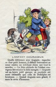 Het dappere kind. Een kind verdedigt zijn zus tegen een hond. Jongensalfabet. Abecedarium heeft morele waarde met leesoefeningen. Epinal beeld eind 19e eeuw