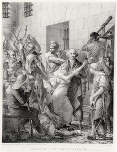De moed van Elisabeth Cazotte die haar vader beschermt tegen de menigte (gravure) door French School
