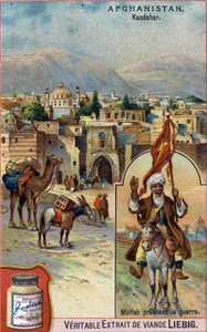 De stad Kandahar in Afghanistan met Mullah die oorlog predikt. Reclamechromolithografie van de 19e eeuw door French School