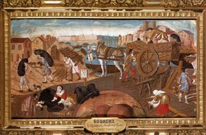 De kolensteiger in Parijs Scène van de kolenhandel in de straten van Parijs. Anonieme waaierschildering van de Franse School van de 17e eeuw. Reims, Musee Saint Denis